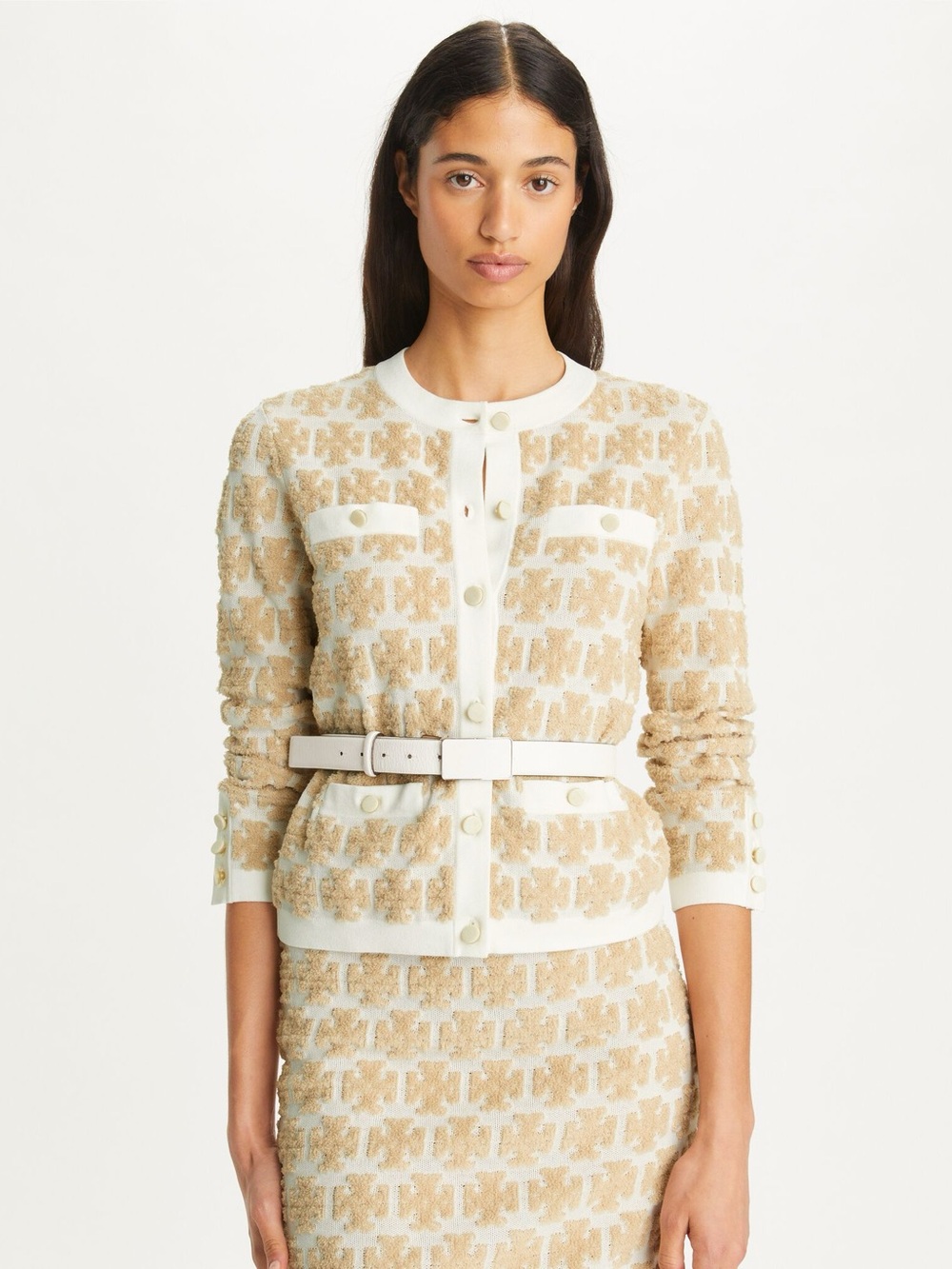 Tory Burch Cream and Beige Textured Knit Cardigan